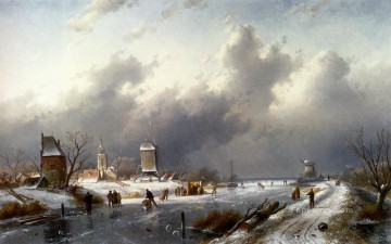 Carlos Leickert Painting - Un paisaje invernal helado con patinadores paisaje Charles Leickert